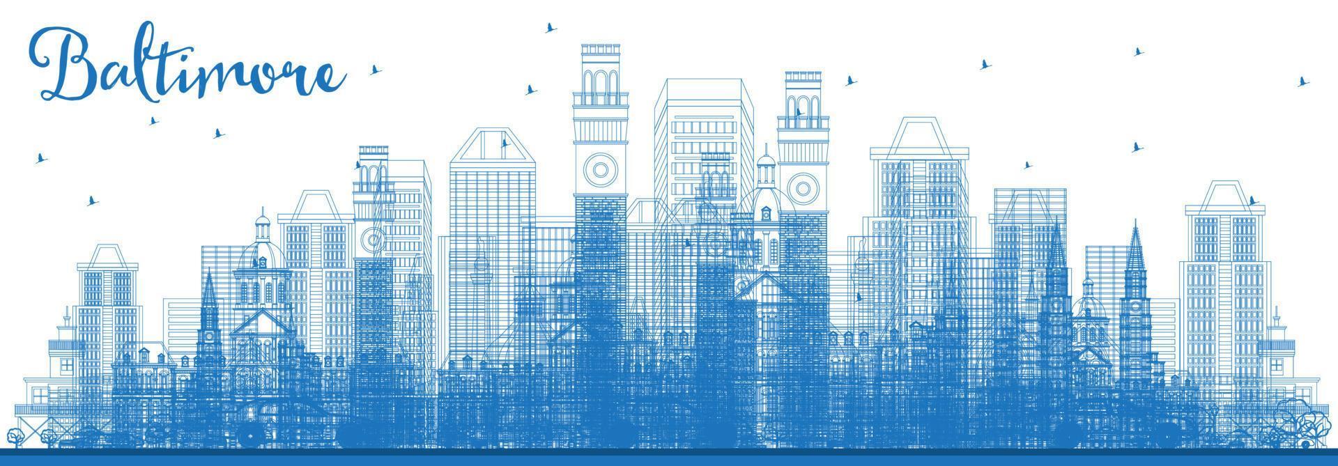 Outline Baltimore Maryland City Skyline with Blue Buildings. vector
