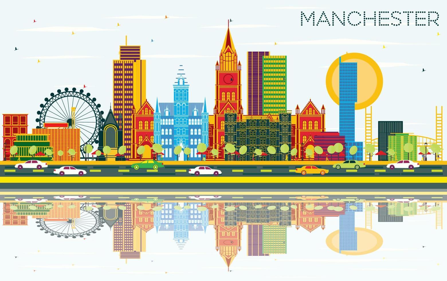 horizonte de manchester con edificios de color, cielo azul y reflejos. vector