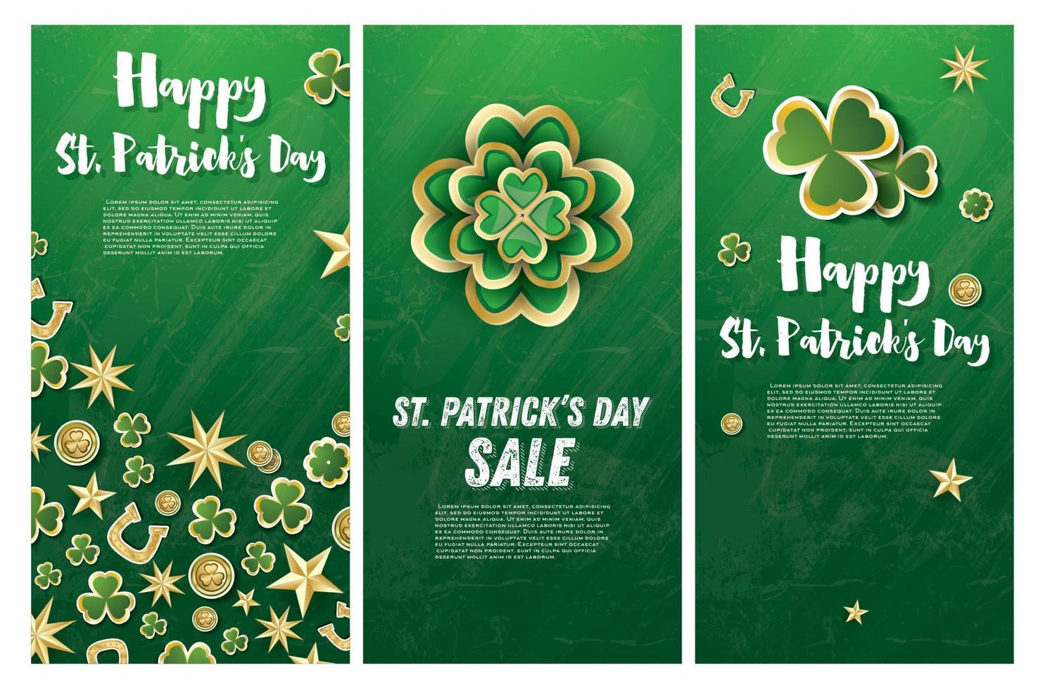 Saint Patrick's Day Background with Clover Leaves, Golden Stars and Coins. vector