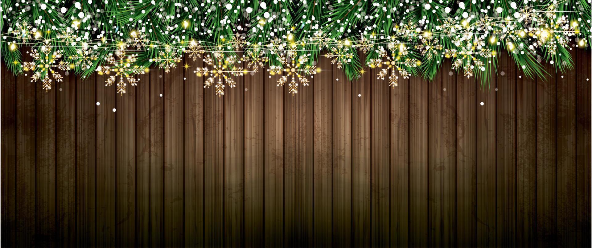 Fir Branch with Neon Lights, Golden Garland with Snowflakes on Wooden Background. vector