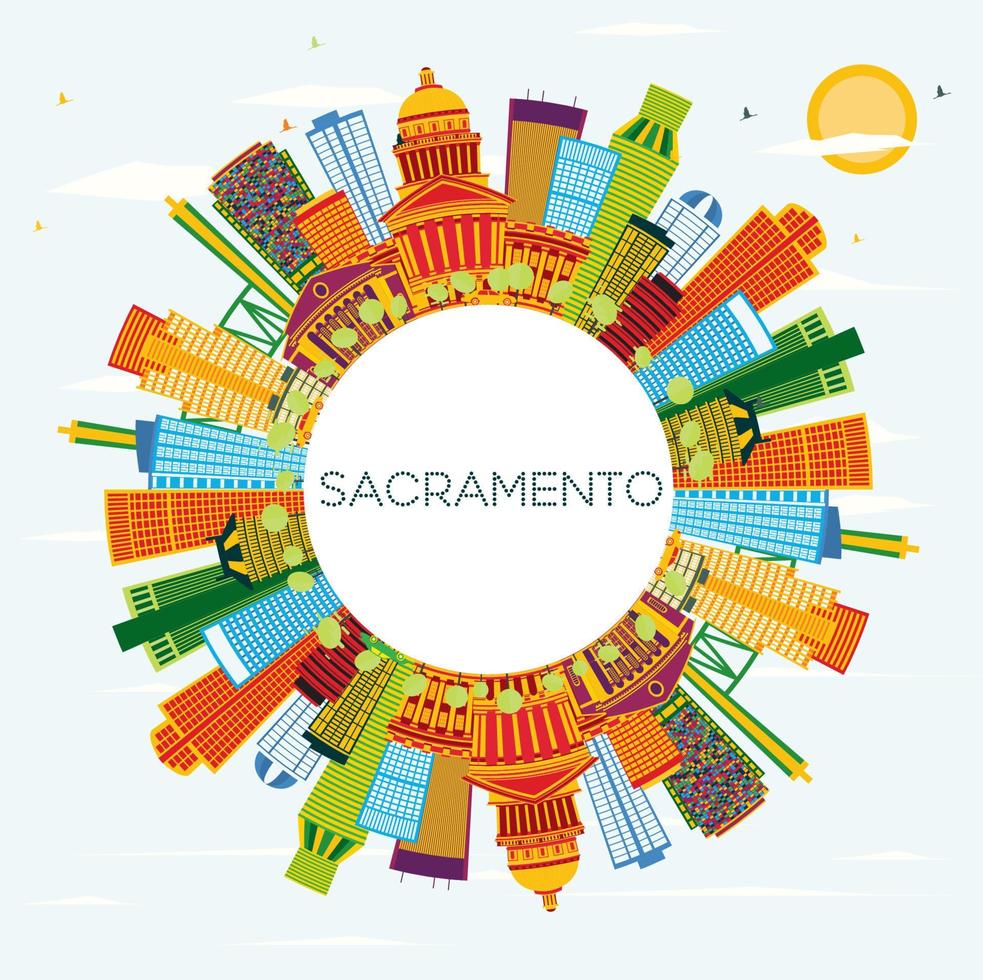 Sacramento USA City Skyline with Color Buildings, Blue Sky and Copy Space. vector