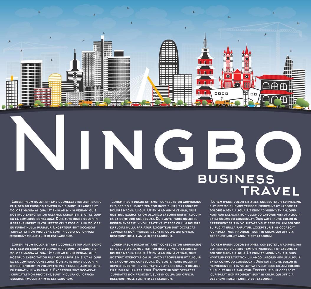 Ningbo China City Skyline with Color Buildings, Blue Sky and Copy Space. vector