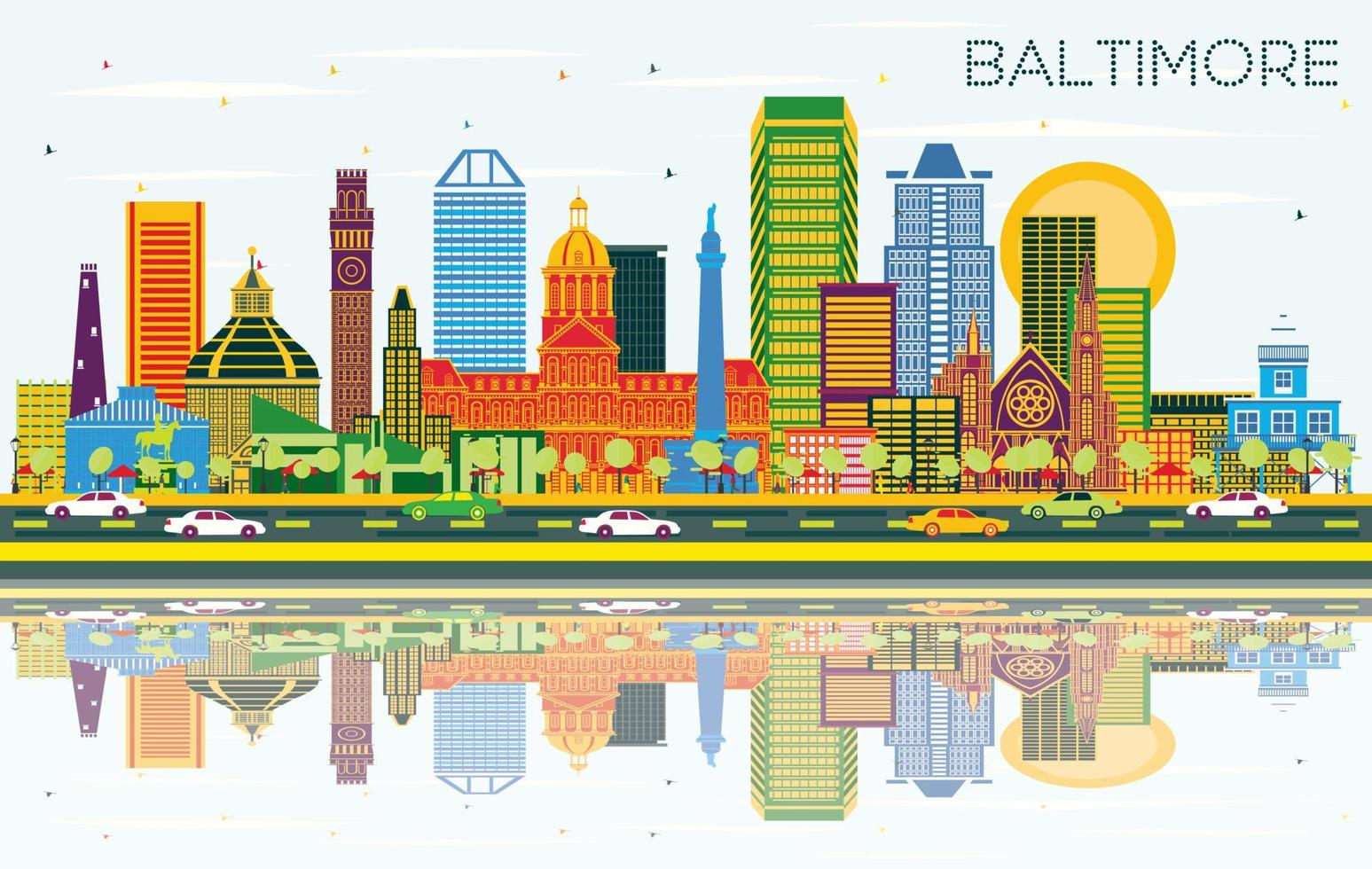 Baltimore Maryland City Skyline with Color Buildings, Blue Sky and Reflections. vector