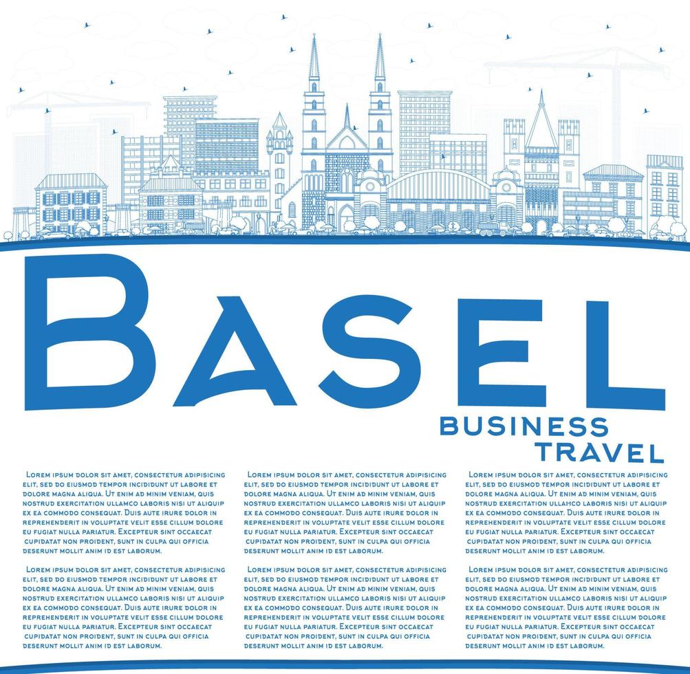 Outline Basel Switzerland City Skyline with Blue Buildings and Copy Space. vector
