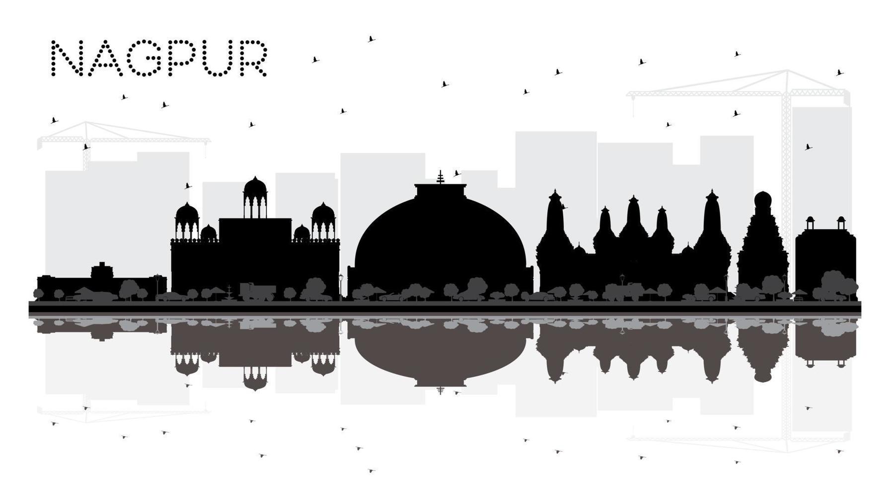 Nagpur India City skyline black and white silhouette with Reflections. vector