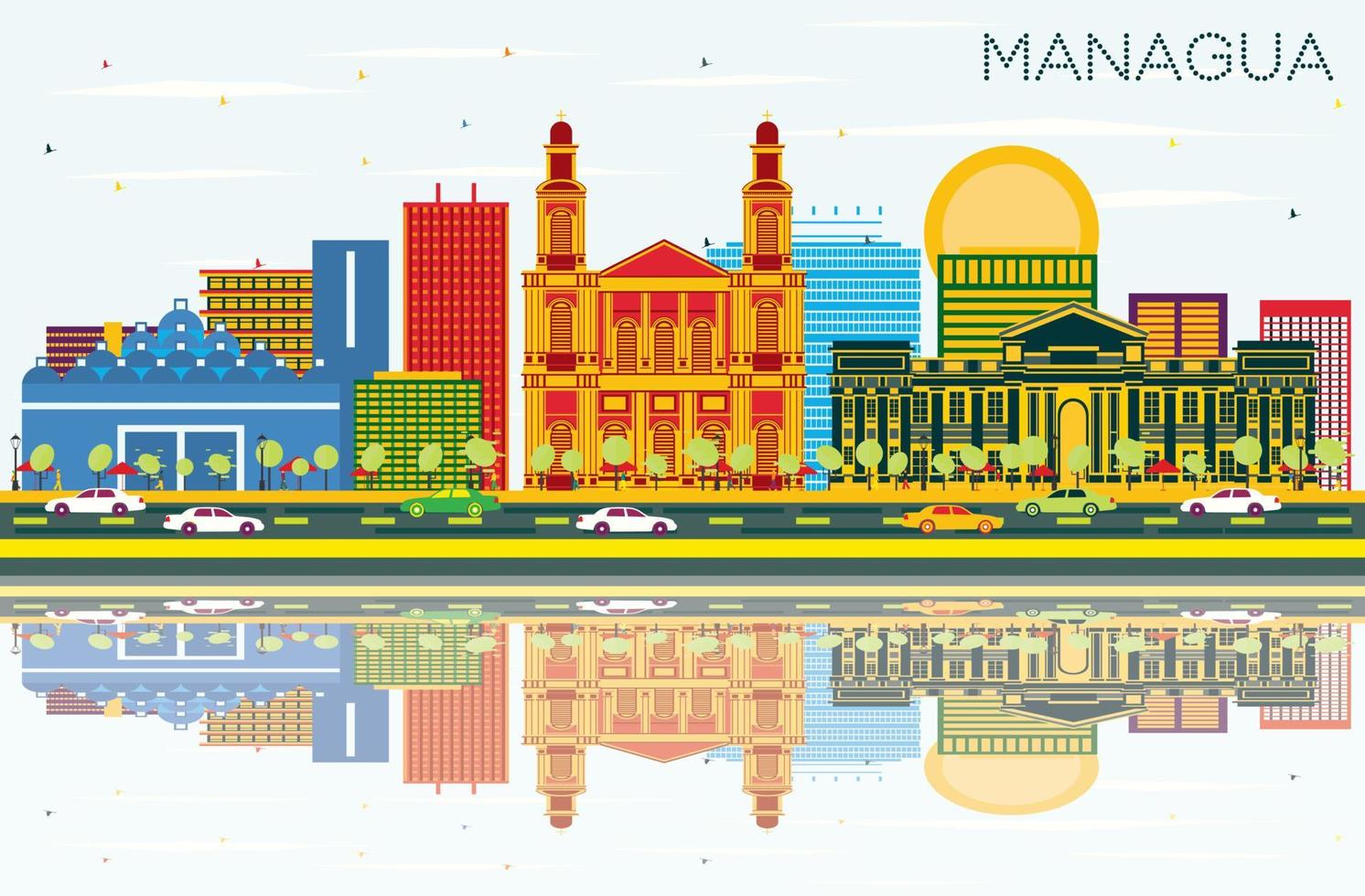 Managua Nicaragua Skyline with Color Buildings, Blue Sky and Reflections. vector