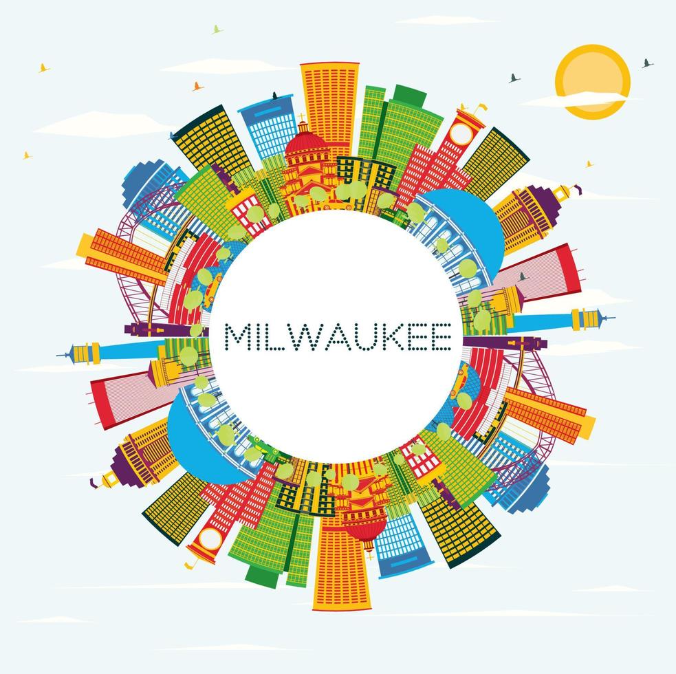 Milwaukee Skyline with Color Buildings, Blue Sky and Copy Space. vector