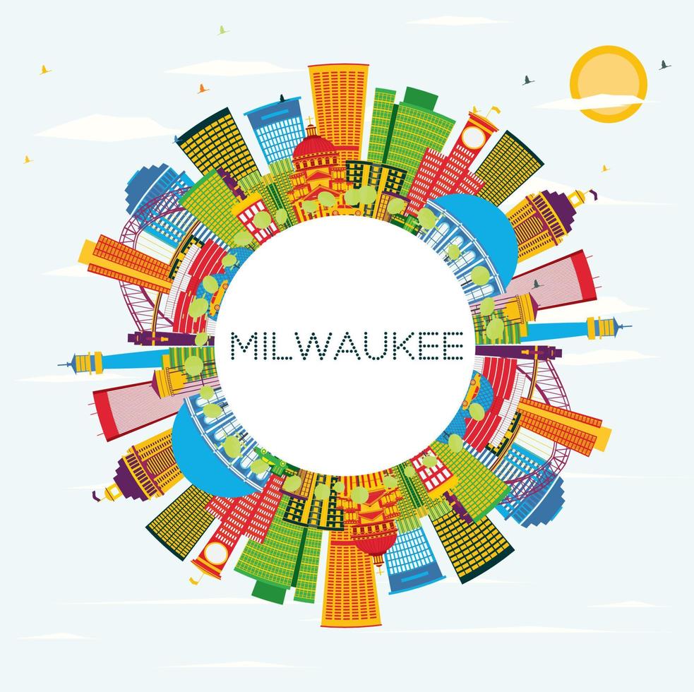 horizonte de milwaukee con edificios de color, cielo azul y espacio para copiar. vector