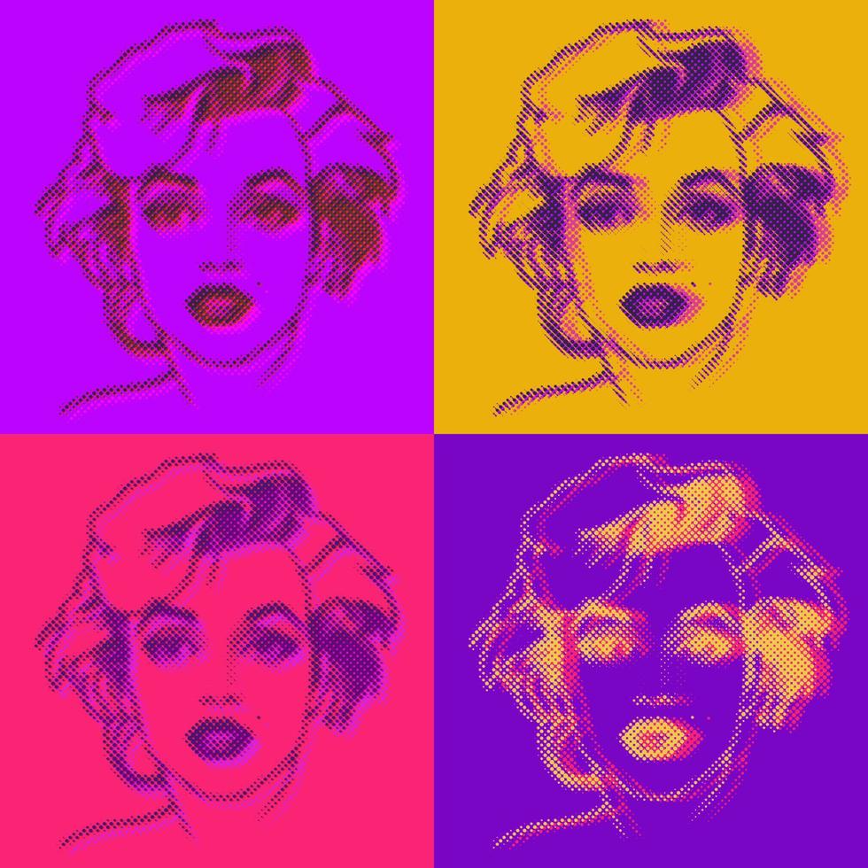 Concept for a portrait-drawing of Merlin Monroe in halftone pop-art style. For interior decoration. Vector illustration.