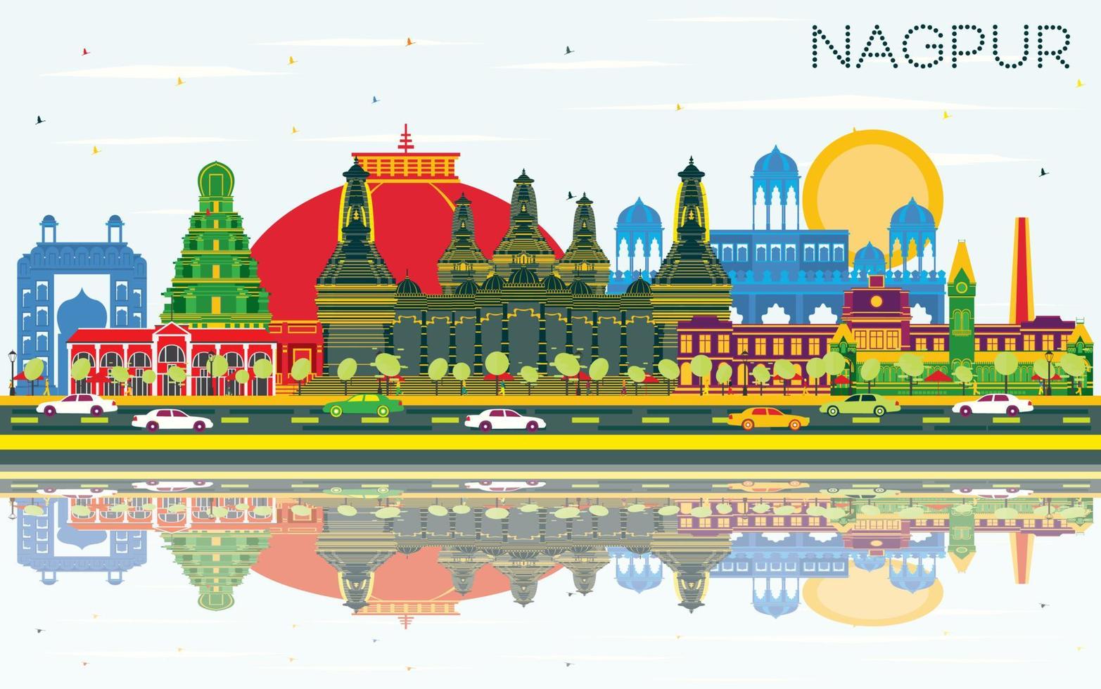 Nagpur India City Skyline with Color Buildings, Blue Sky and Reflections. vector