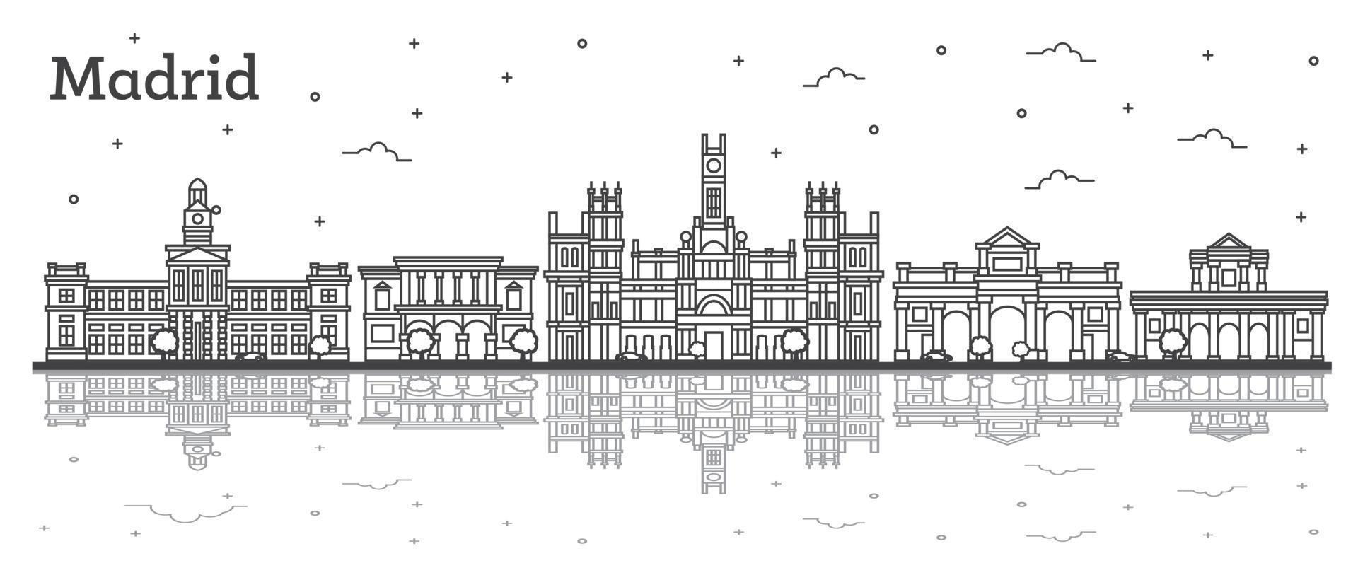 Outline Madrid Spain City Skyline with Historic Buildings and Reflections Isolated on White. vector