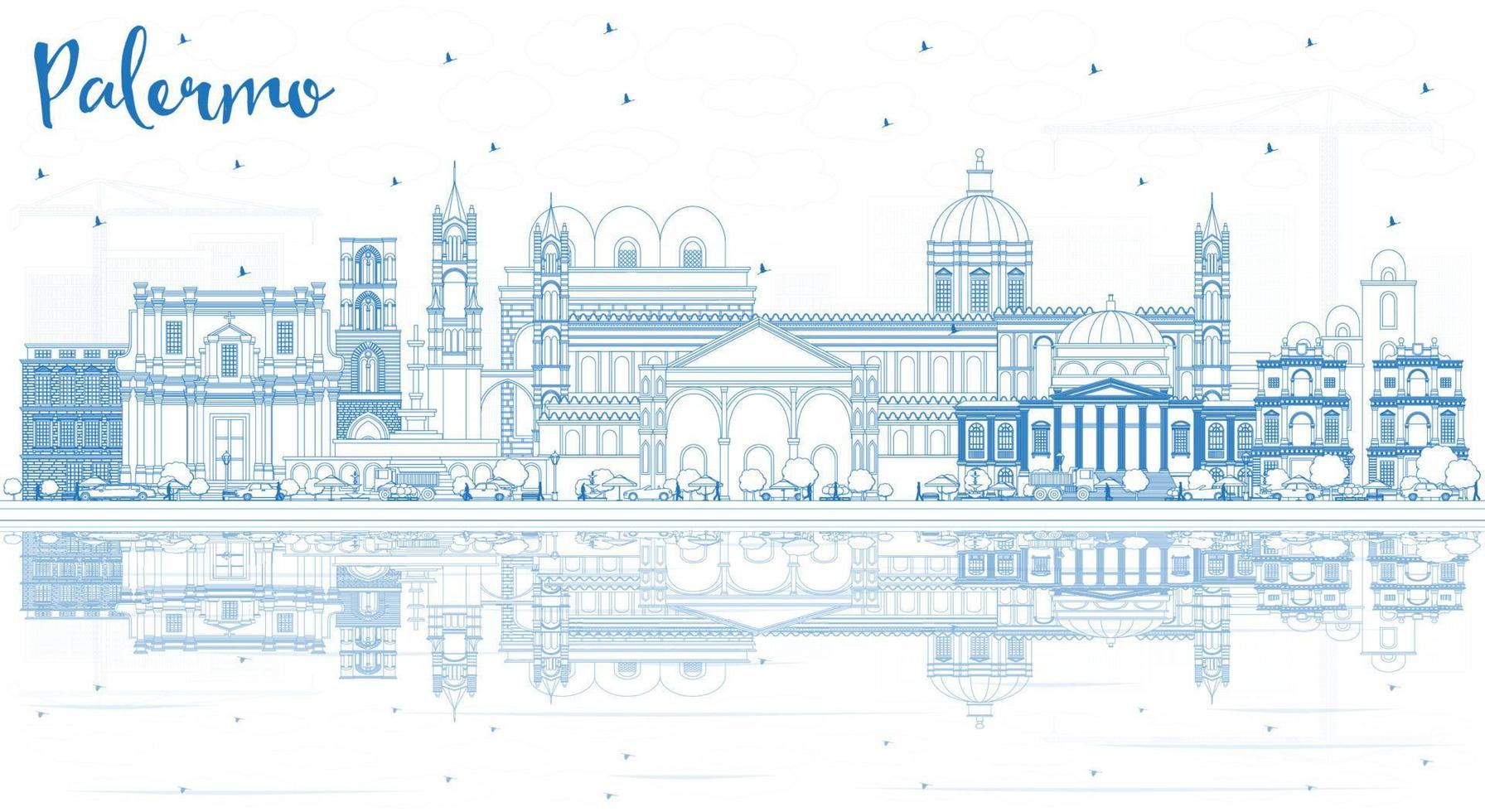 Outline Palermo Italy City Skyline with Blue Buildings and Reflections. vector