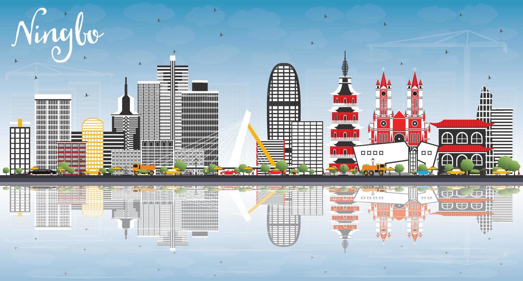 horizonte de la ciudad de ningbo china con edificios de color, cielo azul y reflejos. vector