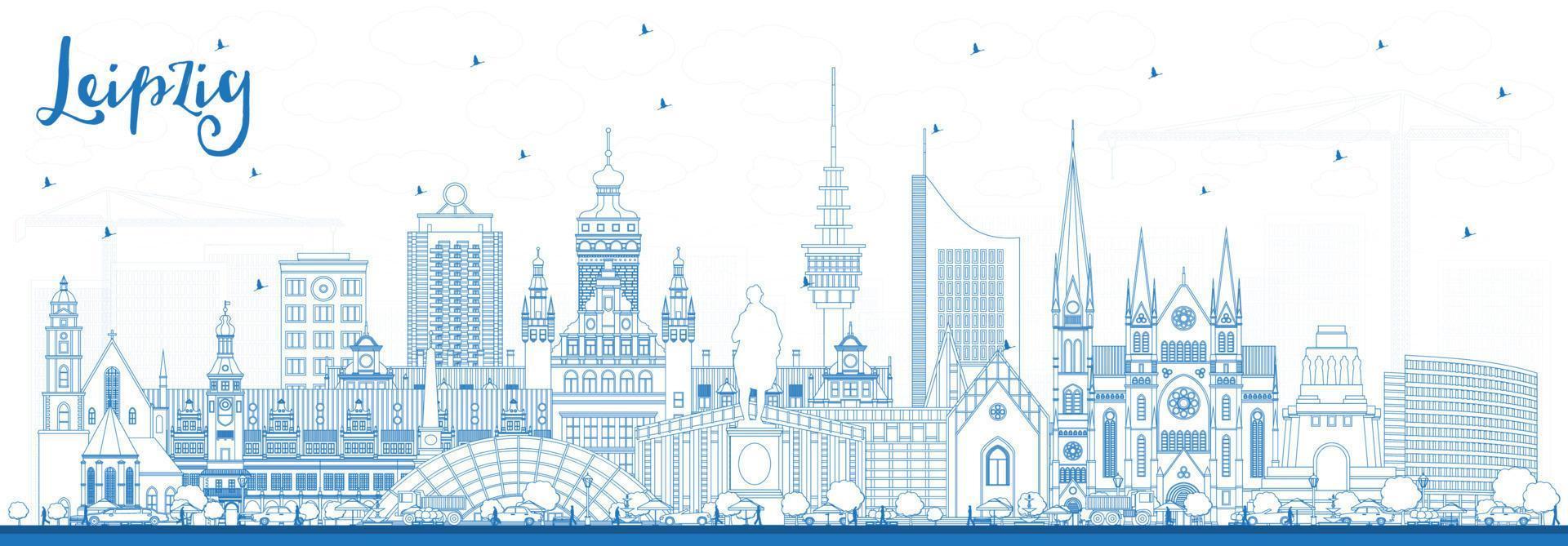 Outline Leipzig Germany City Skyline with Blue Buildings. vector
