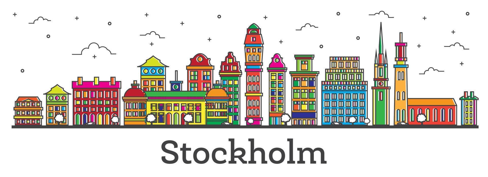delinear el horizonte de la ciudad de estocolmo suecia con edificios de color aislados en blanco. vector