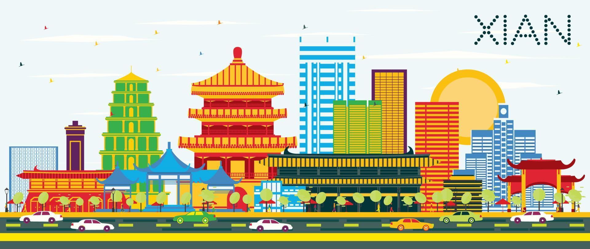 Xian China Skyline with Color Buildings and Blue Sky. vector