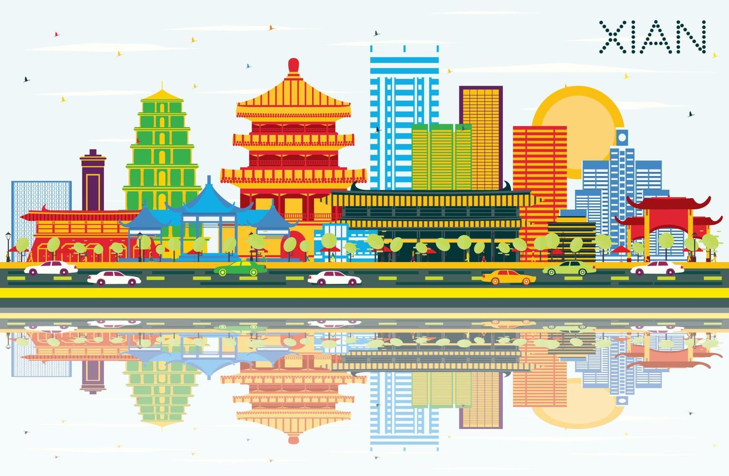 horizonte de xian china con edificios de color, cielo azul y reflejos. vector