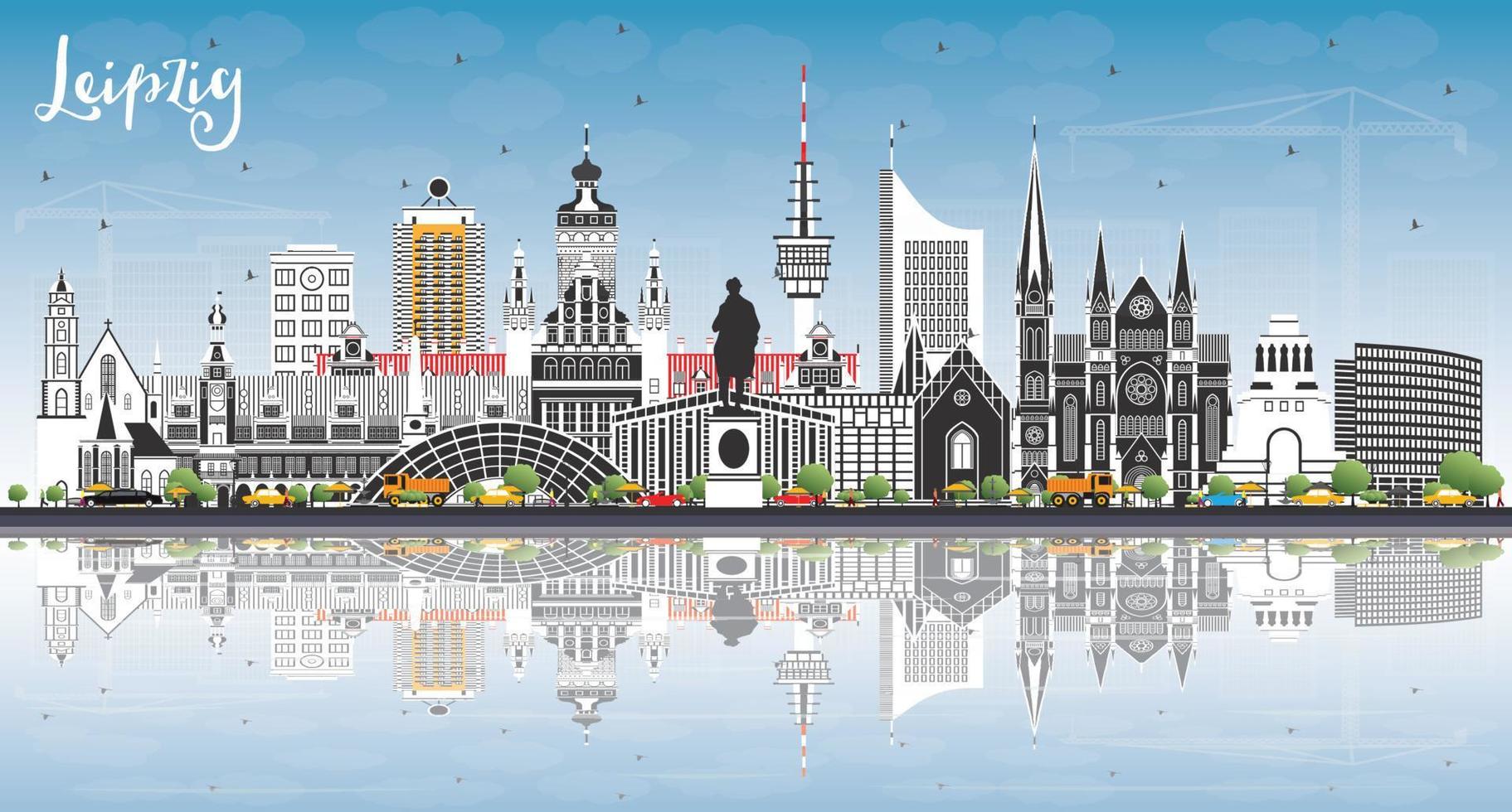 horizonte de la ciudad de leipzig alemania con edificios grises, cielo azul y reflejos. vector