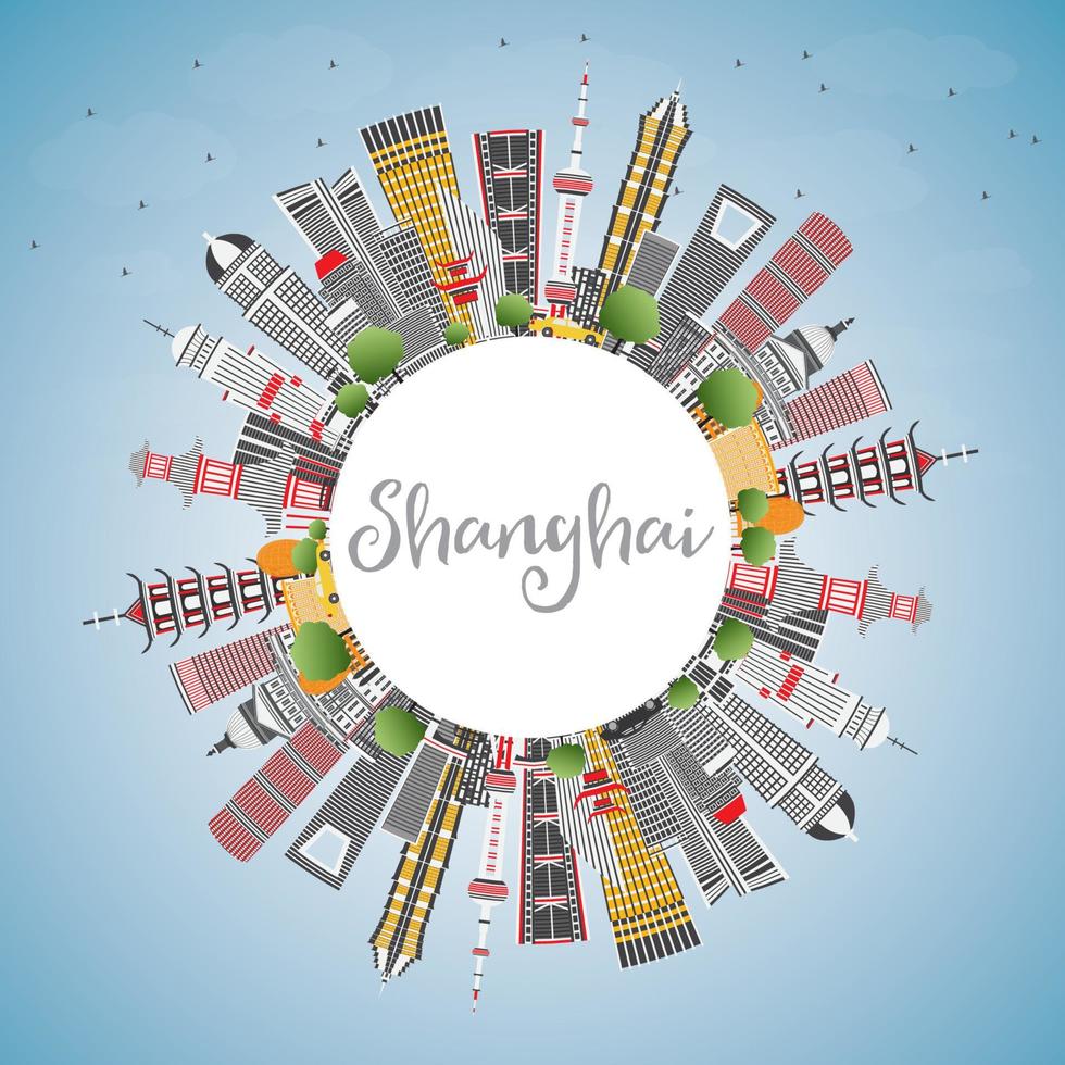 Shanghai China City Skyline with Color Buildings, Blue Sky and Copy Space. vector