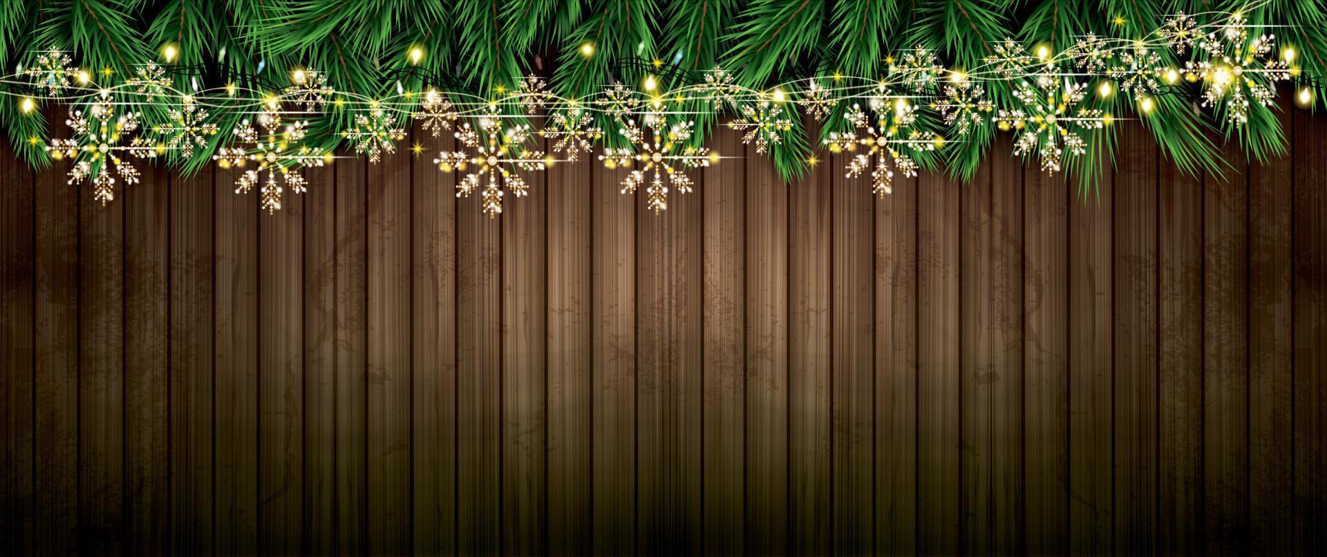 Fir Branch with Neon Lights and Golden Garland with Snowflakes on Wooden Background. vector