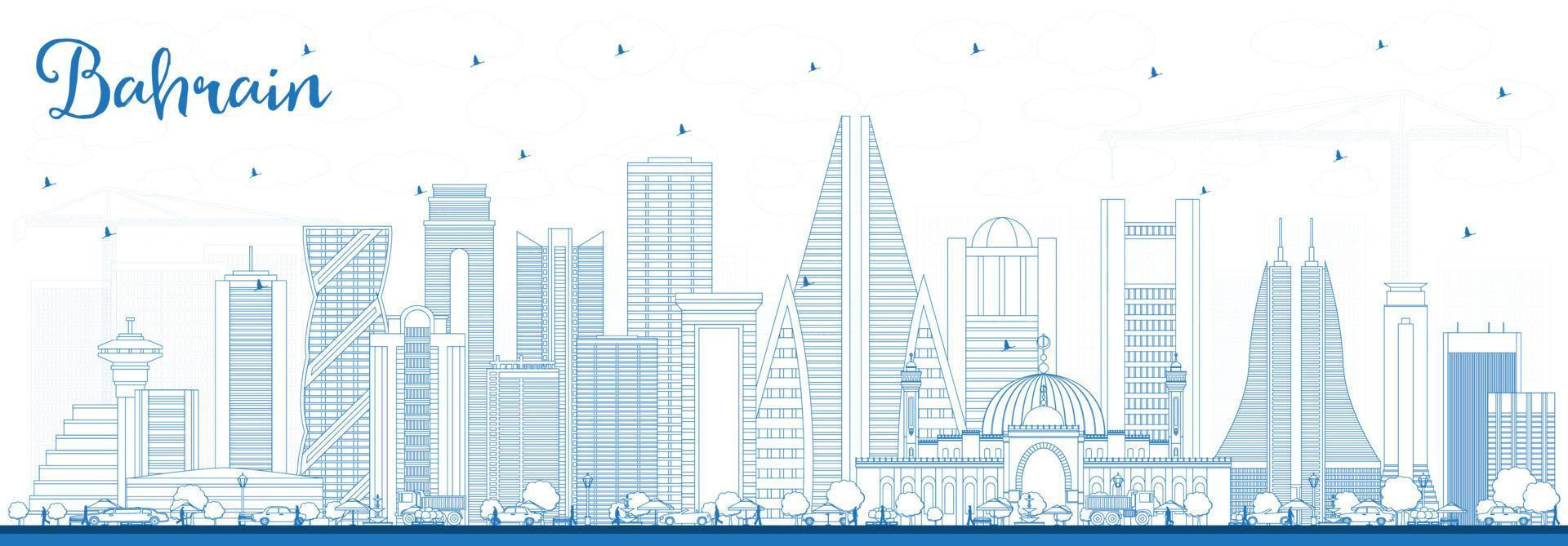 Outline Bahrain City Skyline with Blue Buildings. vector