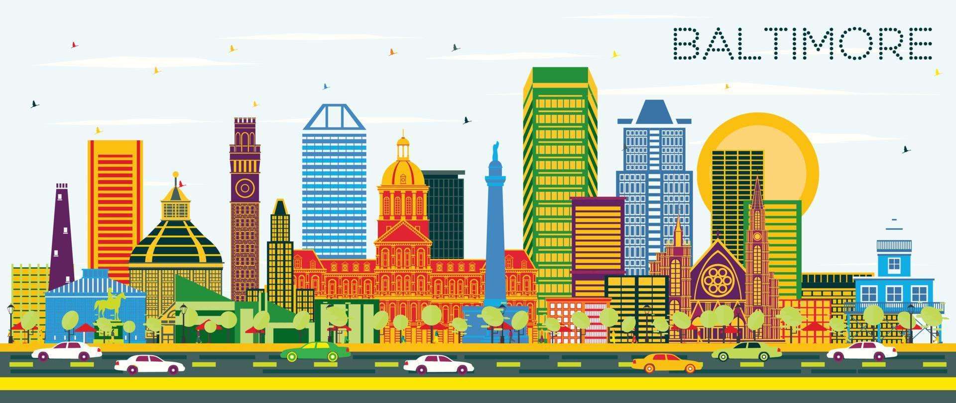 Baltimore Maryland City Skyline with Color Buildings on Blue Sky. vector