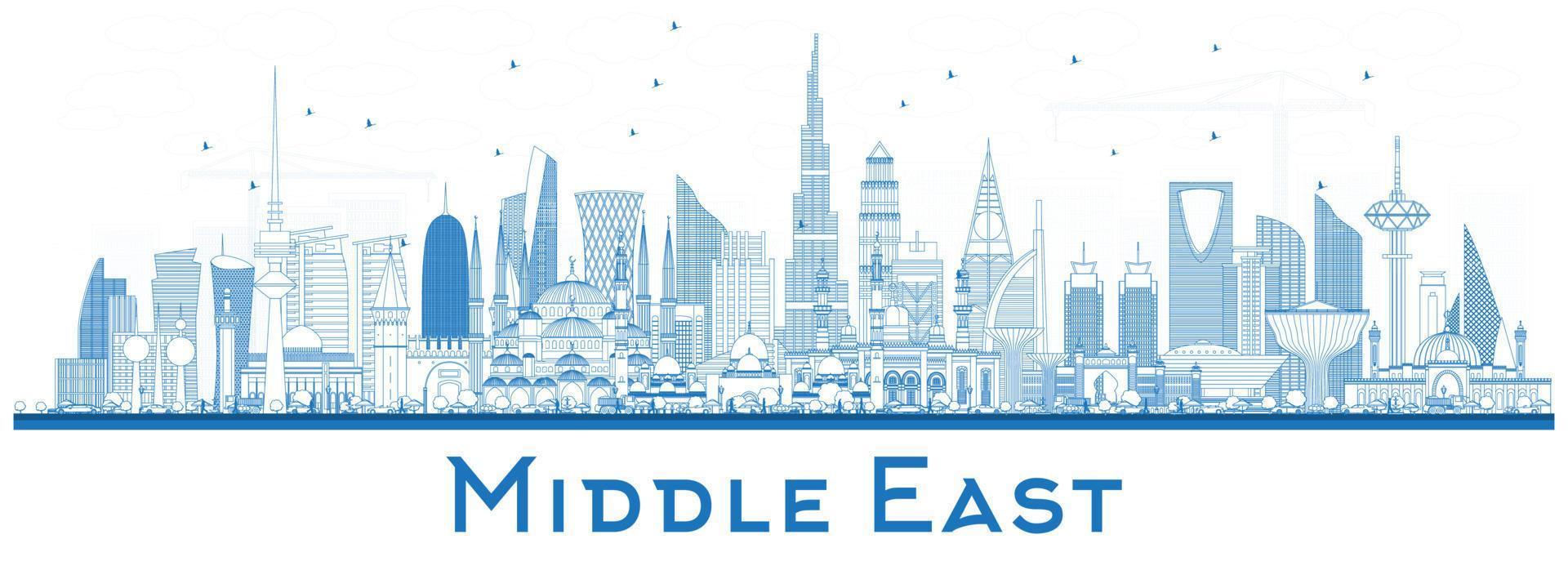 Outline Middle East City Skyline with Blue Buildings Isolated on White. vector