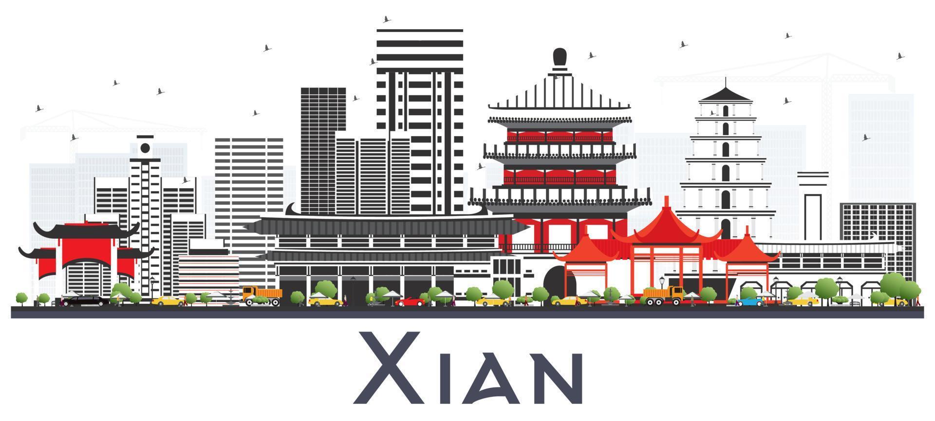 Xian China Skyline with Color Buildings Isolated on White. vector