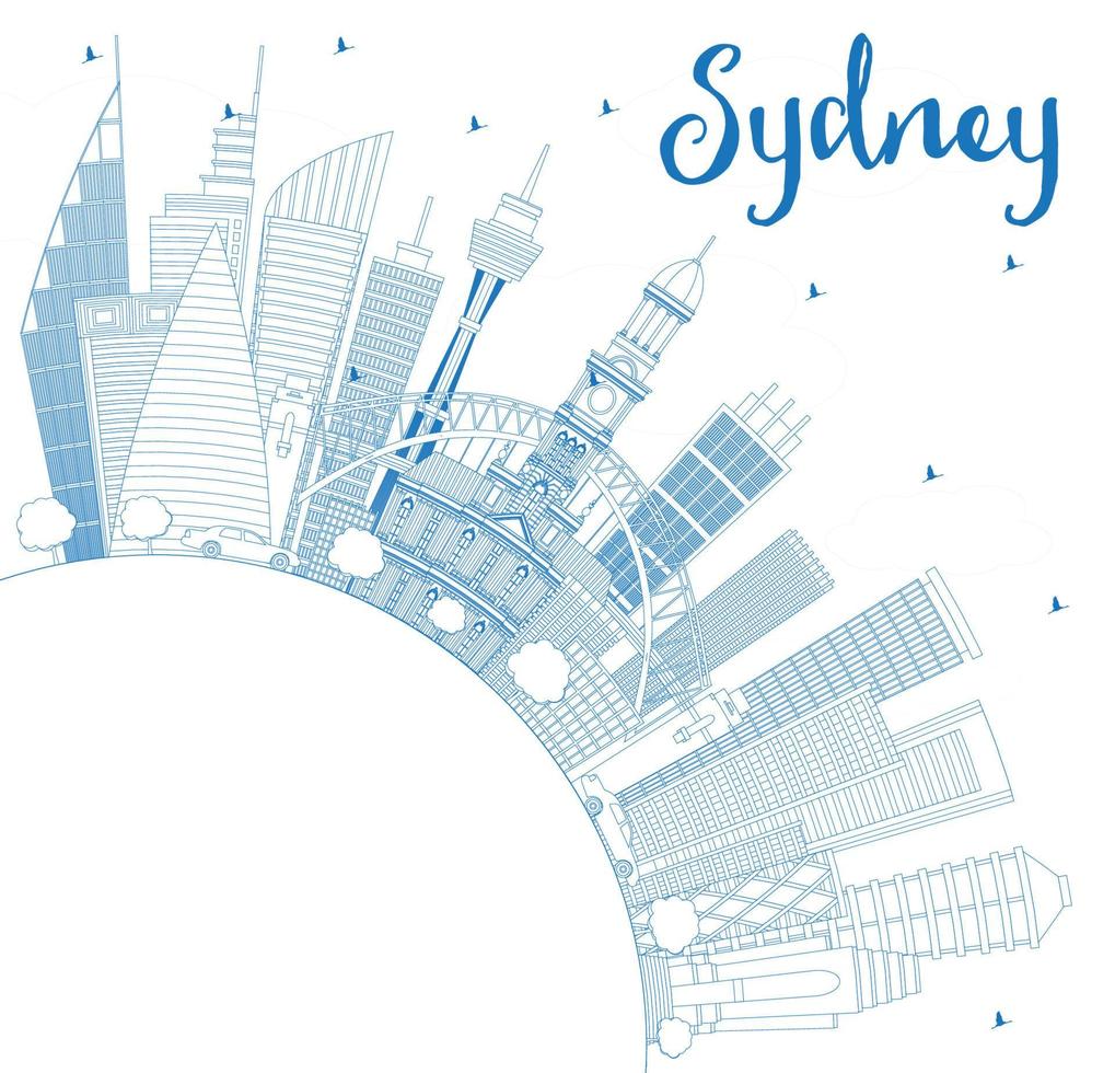 esbozar el horizonte de la ciudad de sydney, australia, con edificios azules y espacio para copiar. vector