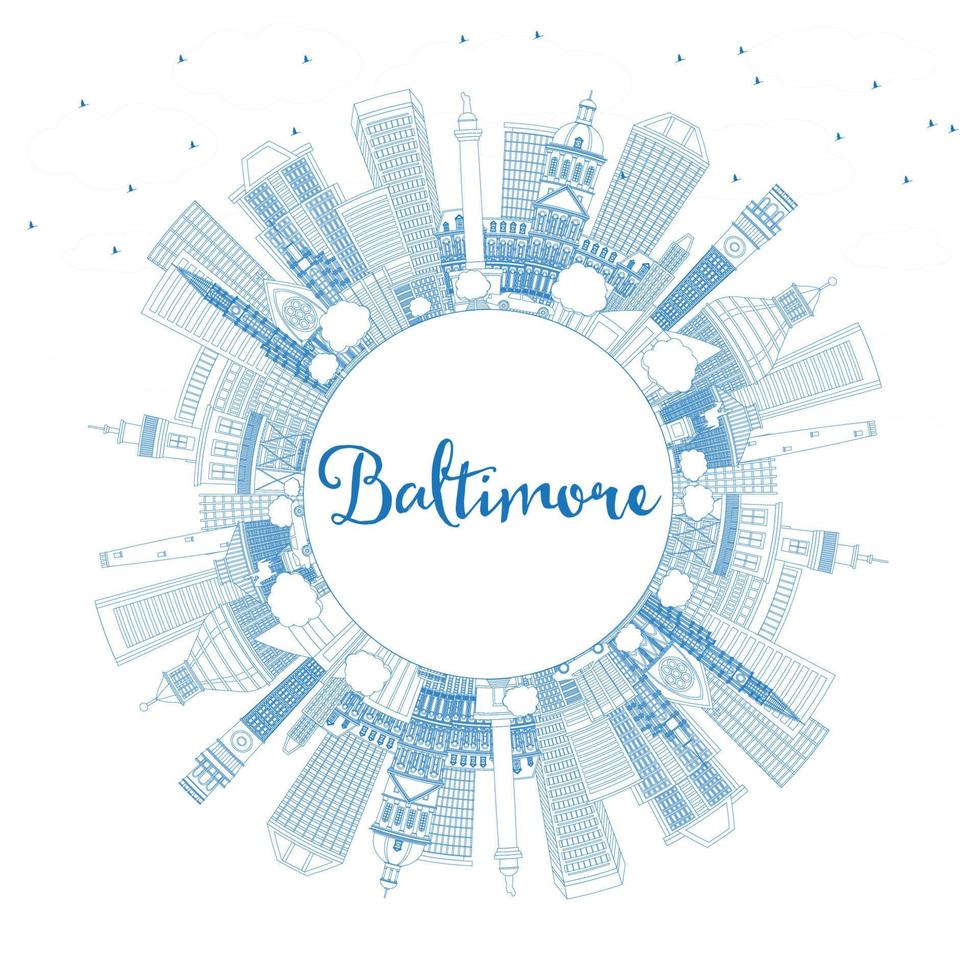 delinee el horizonte de la ciudad de baltimore, maryland, ee.uu. con edificios azules y copie el espacio. vector