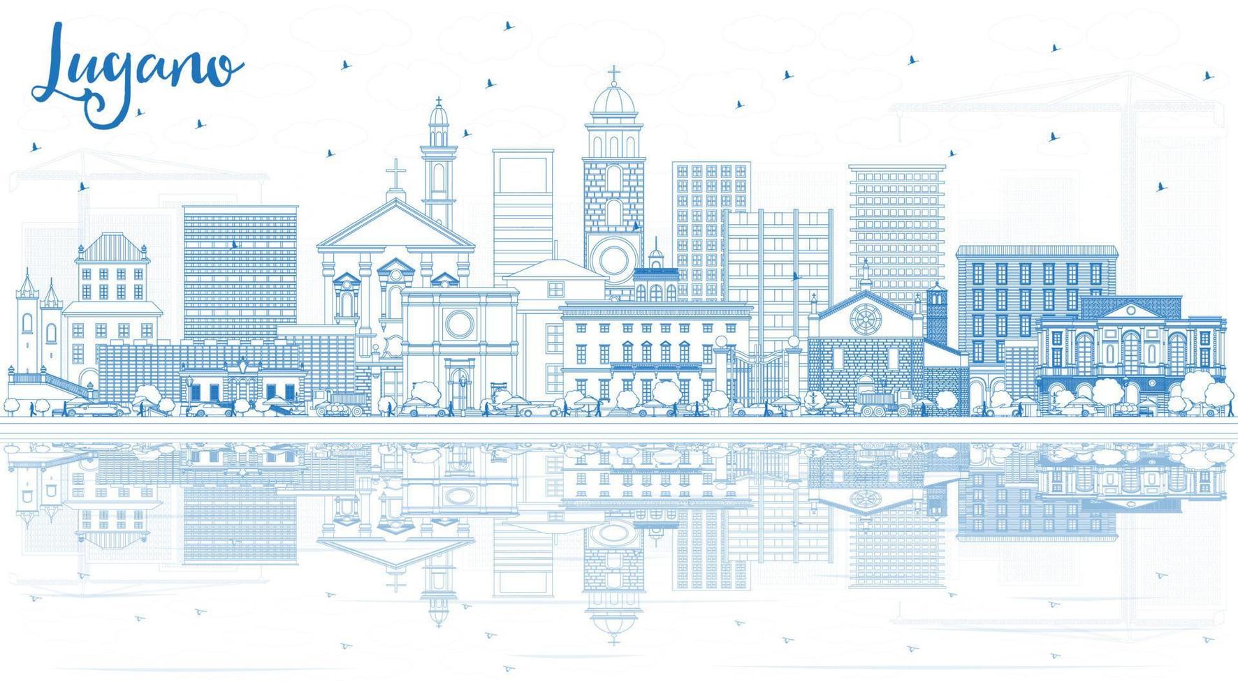 Outline Lugano Switzerland Skyline with Blue Buildings and Reflections. vector