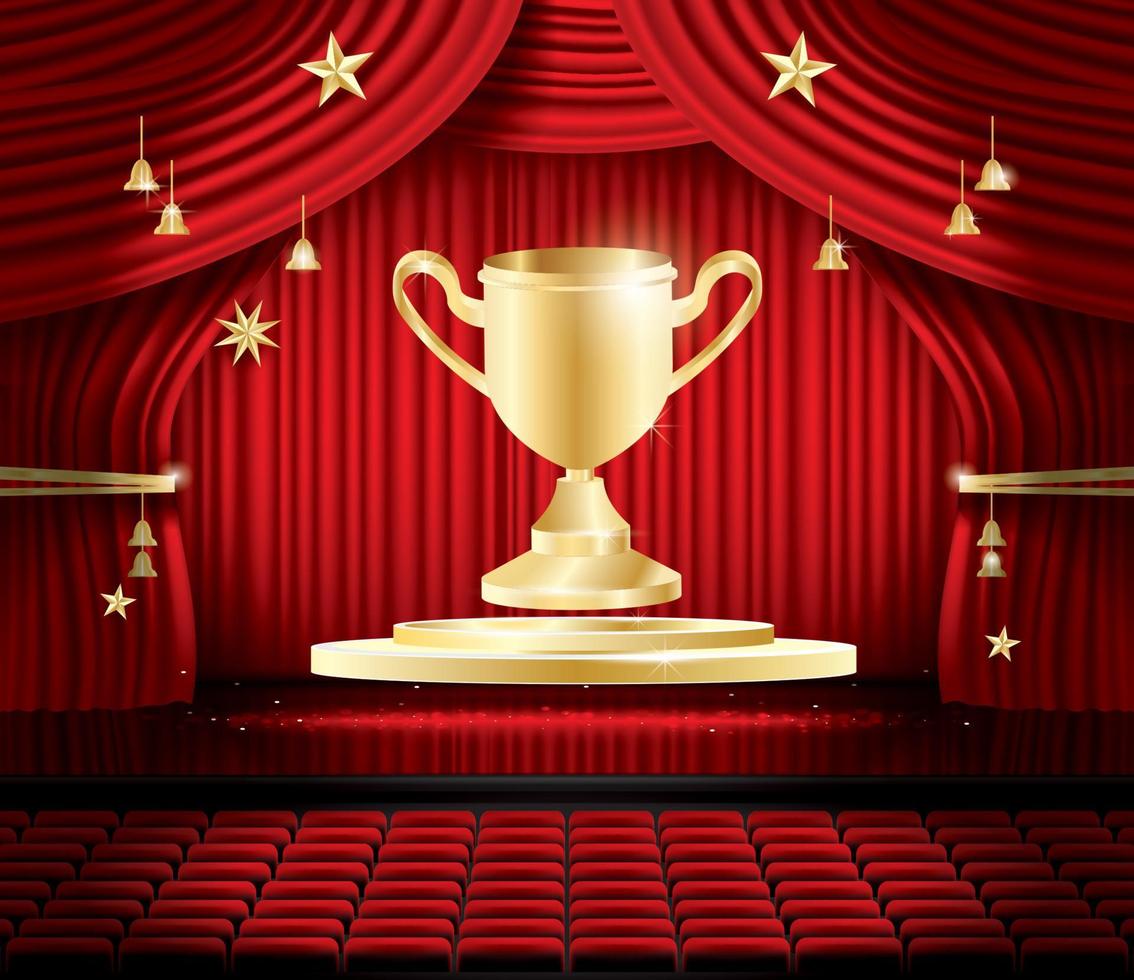 Golden Winner Cup and Red Stage Curtain. vector