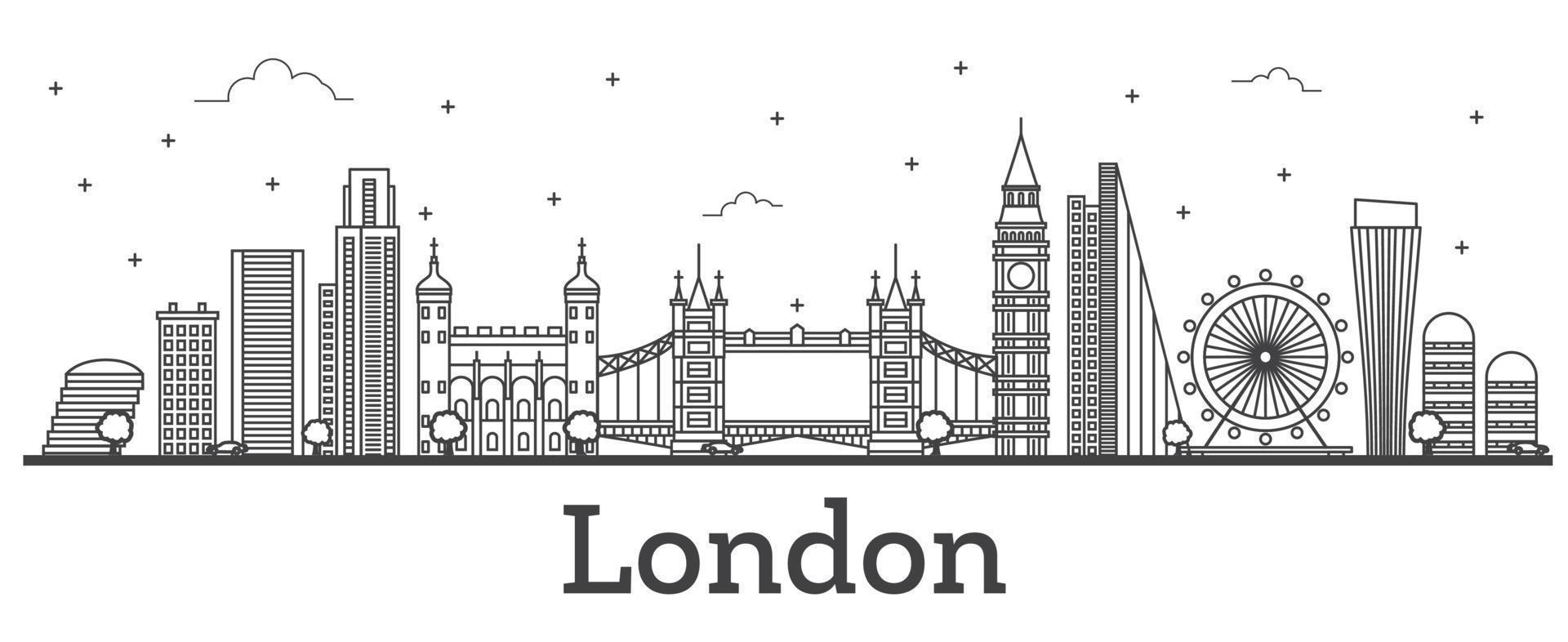 Outline London England City Skyline with Modern Buildings Isolated on White. vector