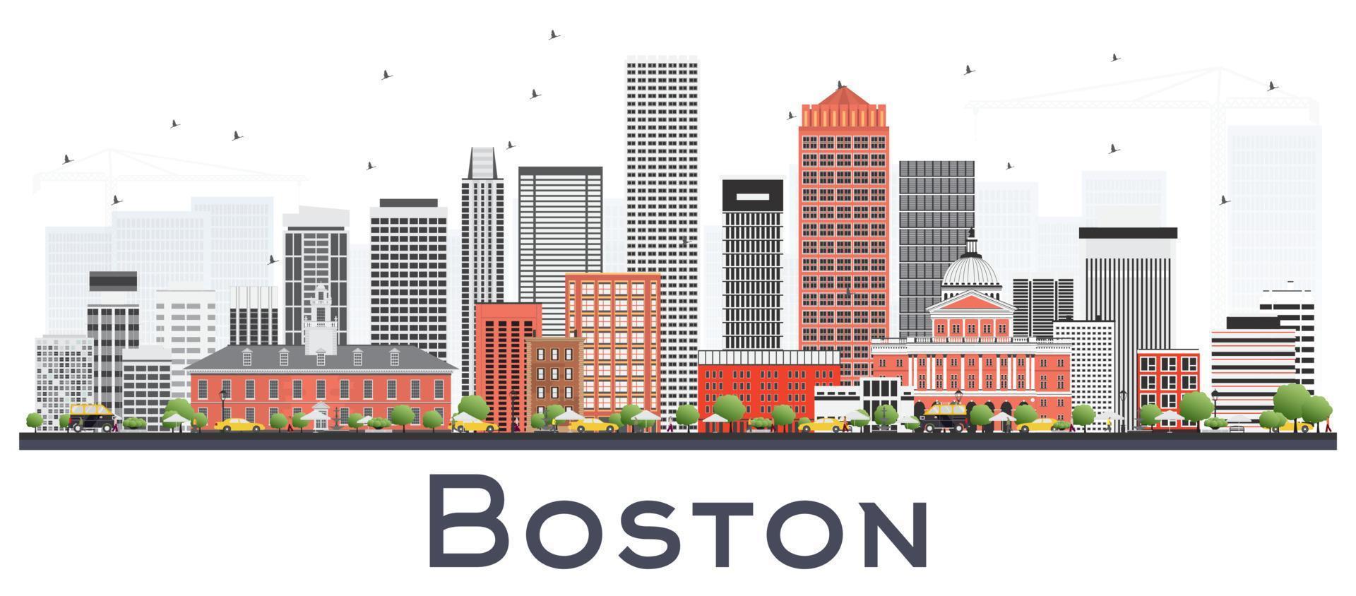 Boston Massachusetts Skyline with Gray and Red Buildings Isolated on White. vector
