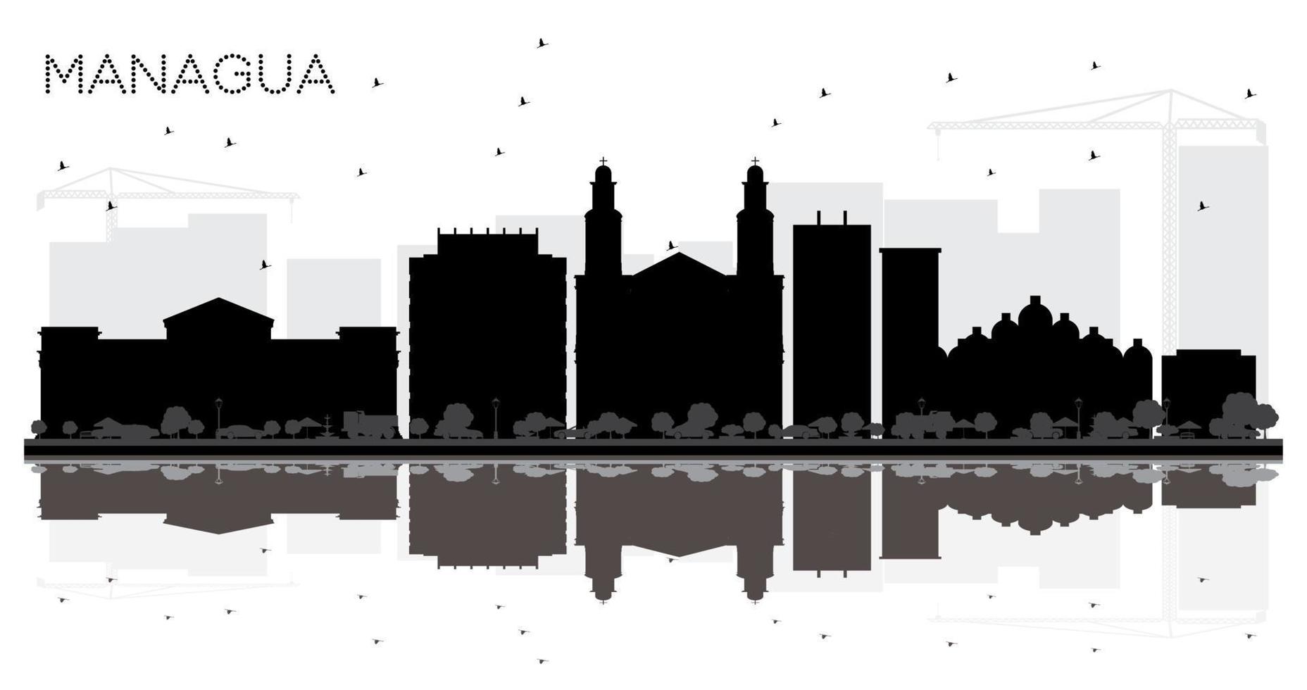 Managua Nicaragua City Skyline Black and White Silhouette with Reflections. vector