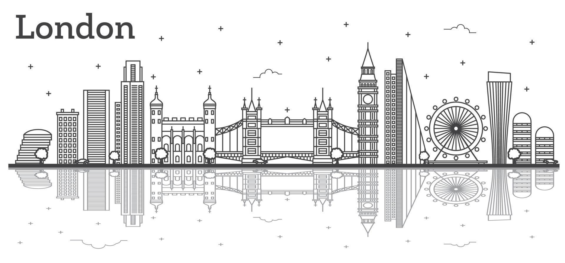 delinear el horizonte de la ciudad de londres inglaterra con edificios modernos y reflejos aislados en blanco. vector