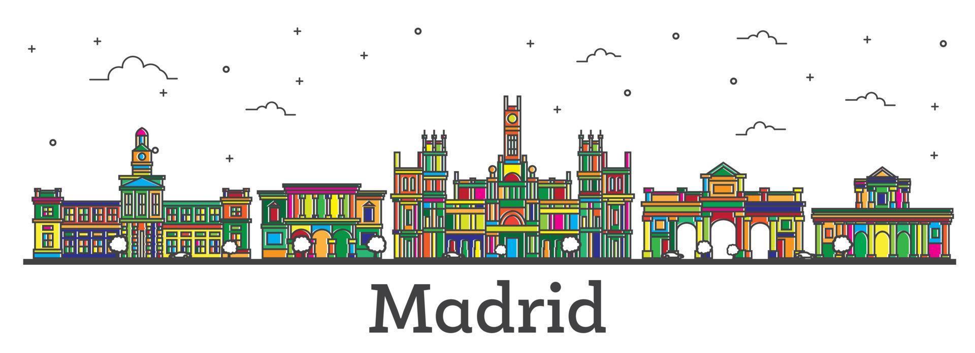 Outline Madrid Spain City Skyline with Color Buildings Isolated on White. vector