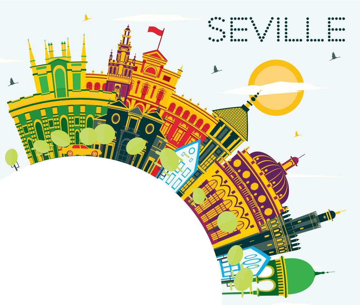 horizonte de la ciudad de sevilla españa con edificios de color, cielo azul y espacio para copiar. vector