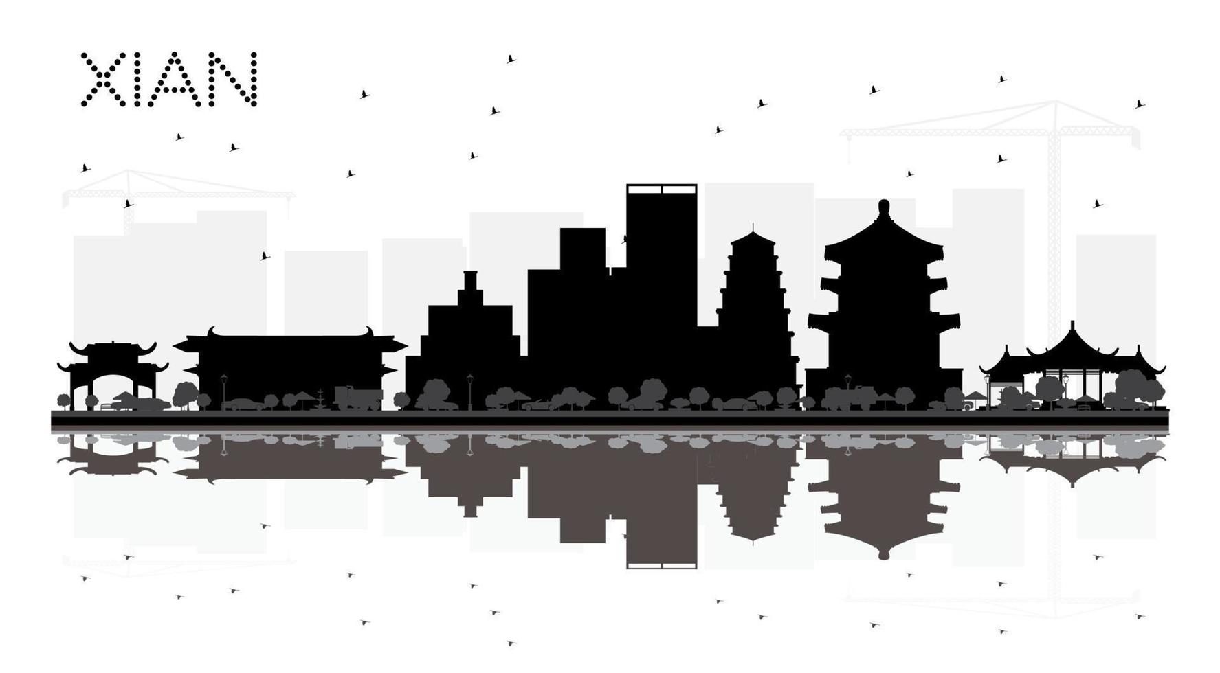 Xian China City skyline black and white silhouette with Reflections. vector