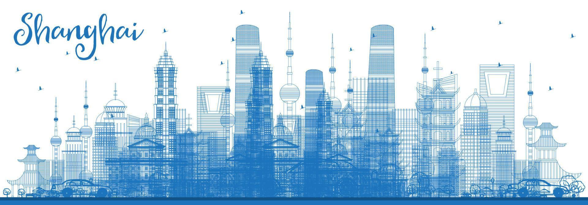Outline Shanghai Skyline with Blue Buildings. vector