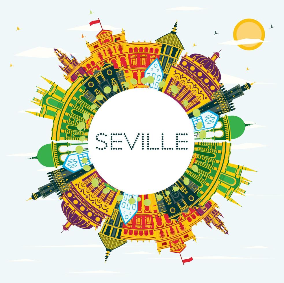 Seville Spain City Skyline with Color Buildings, Blue Sky and Copy Space. vector