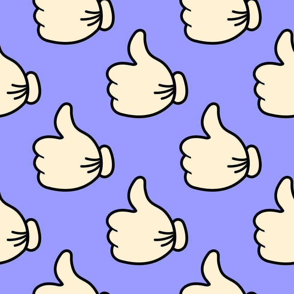 Pattern of hands showing thumbs up on a blue background in the style of pop art for print and design. Vector illustration.