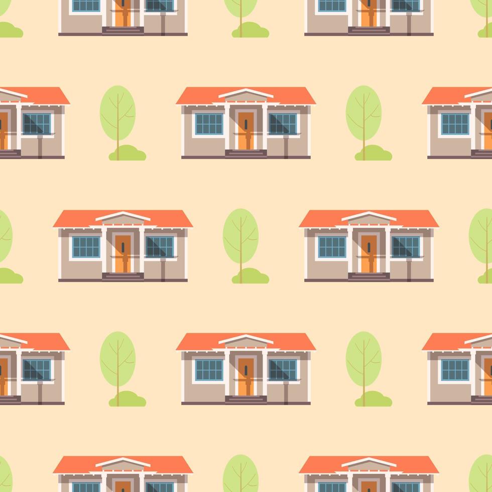 Pattern of houses, trees and bushes on a yellow background in cartoon style for print and design. Vector illustration.