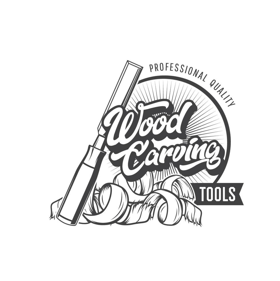 Wood carving, woodworking tools vintage icon vector