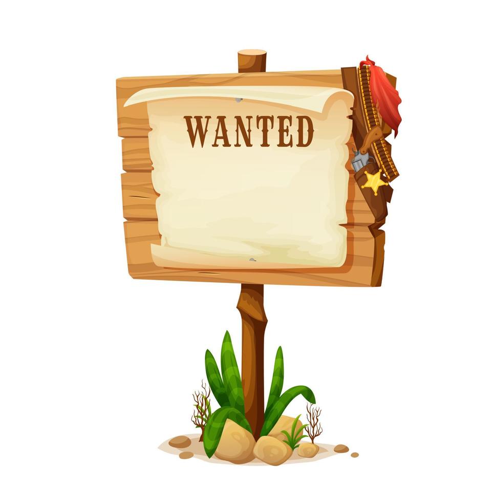 Cartoon wild west wanted board, vector wooden sign