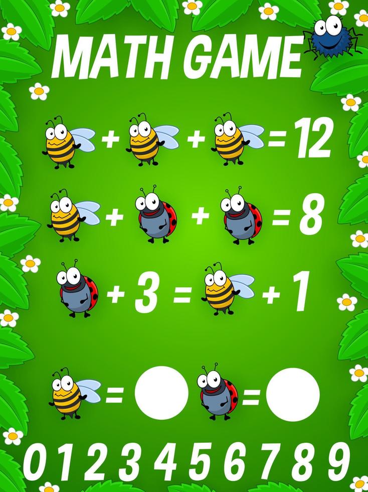 Math game worksheet with cartoon funny insects vector