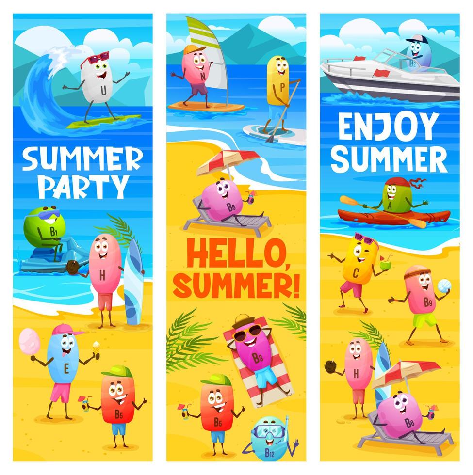 Summer party, cheerful cartoon vitamins on beach vector