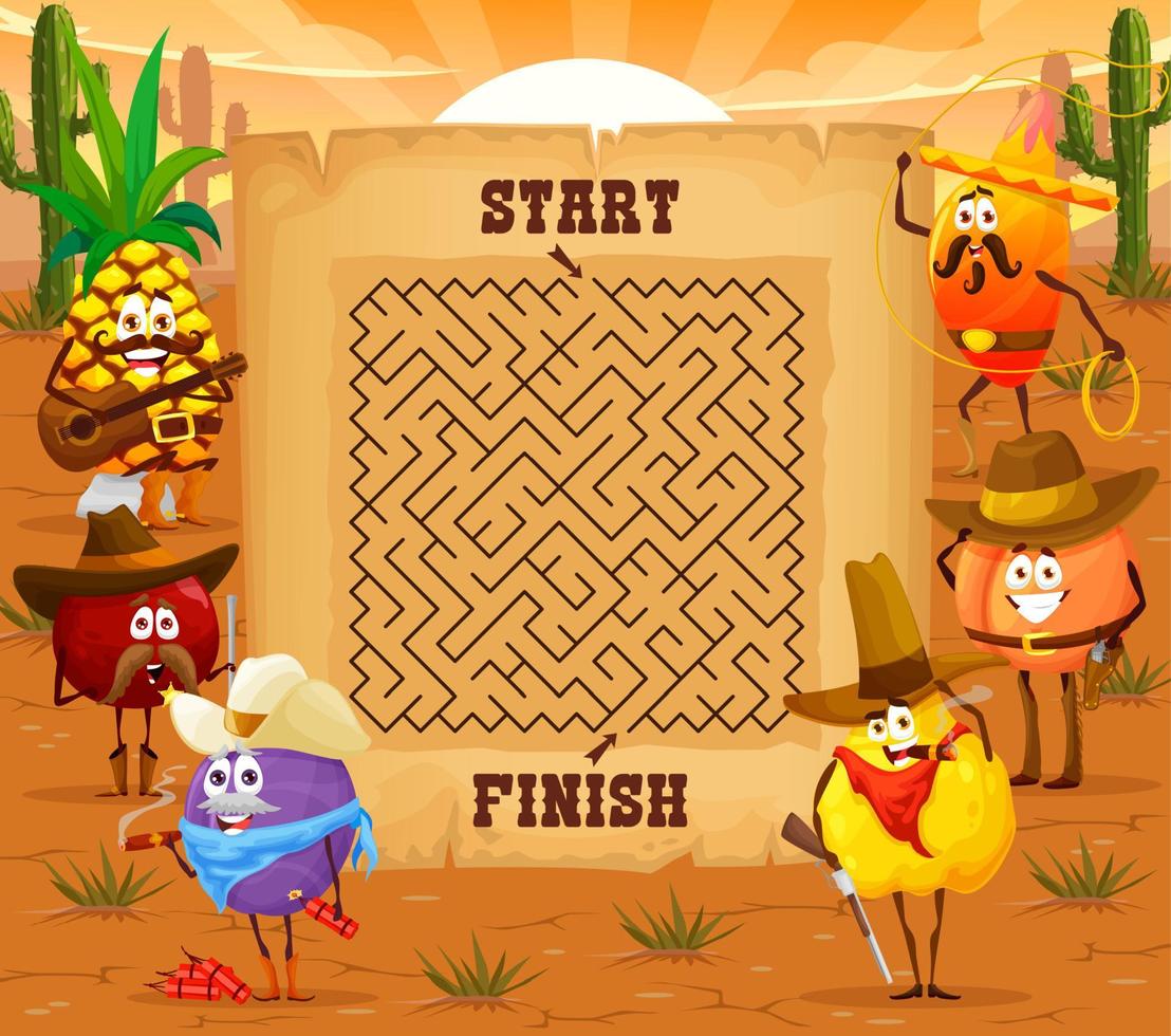 Labyrinth maze game, cartoon fruit western cowboys vector