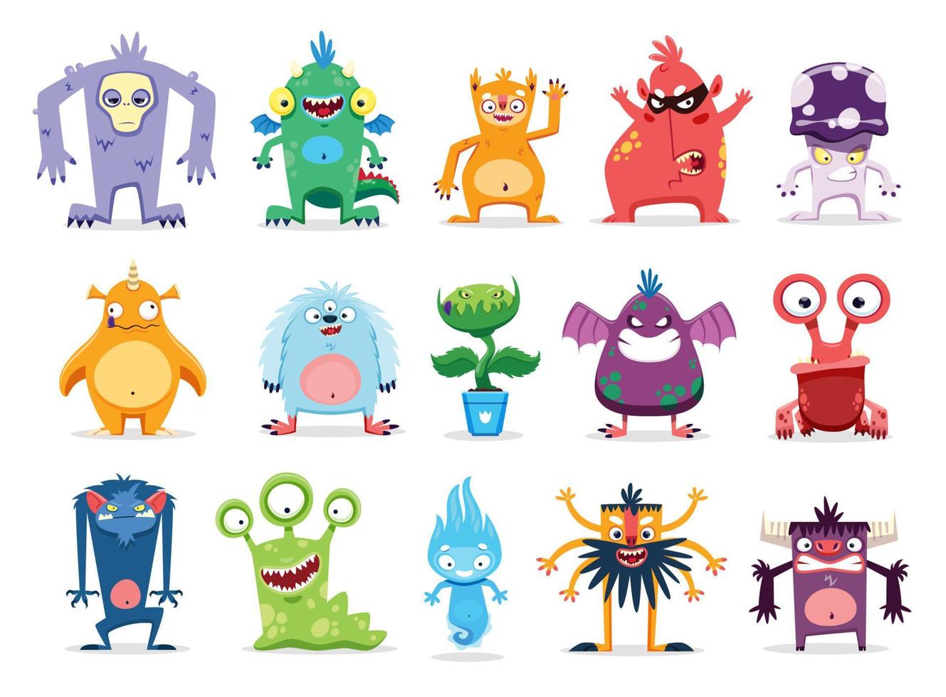 personajes de monstruos de dibujos animados, criaturas alienígenas divertidas vector