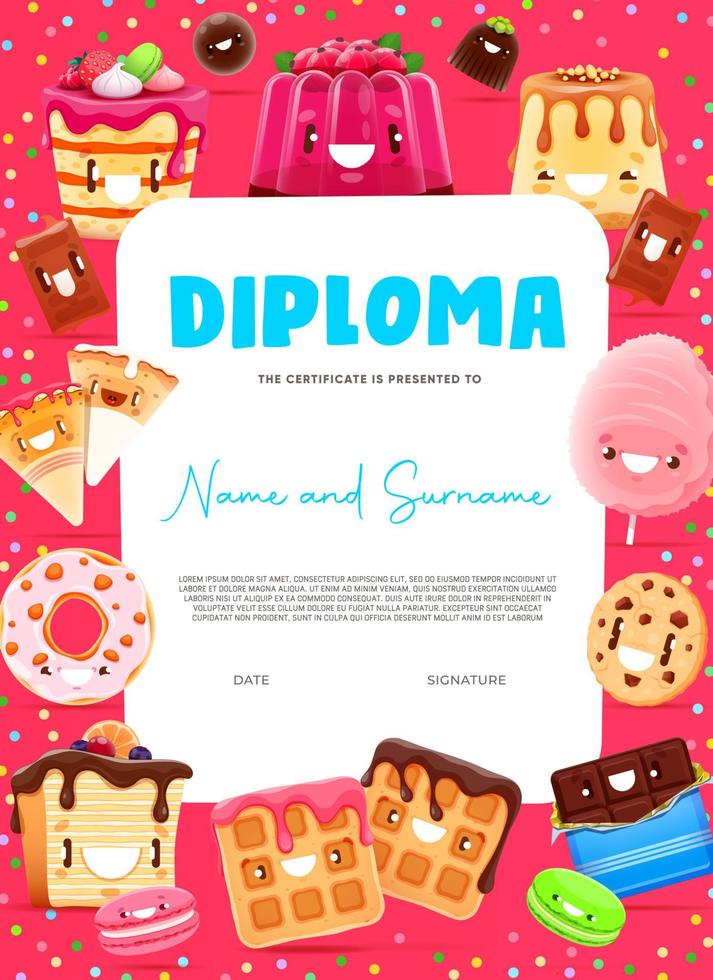 Kids diploma cartoon funny bakery and desserts vector